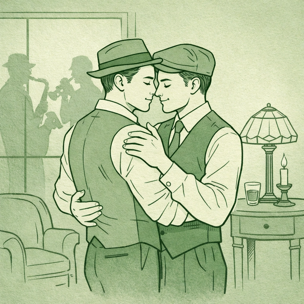 Gay couple dancing together in private 1920s room - step-brother romance illustration