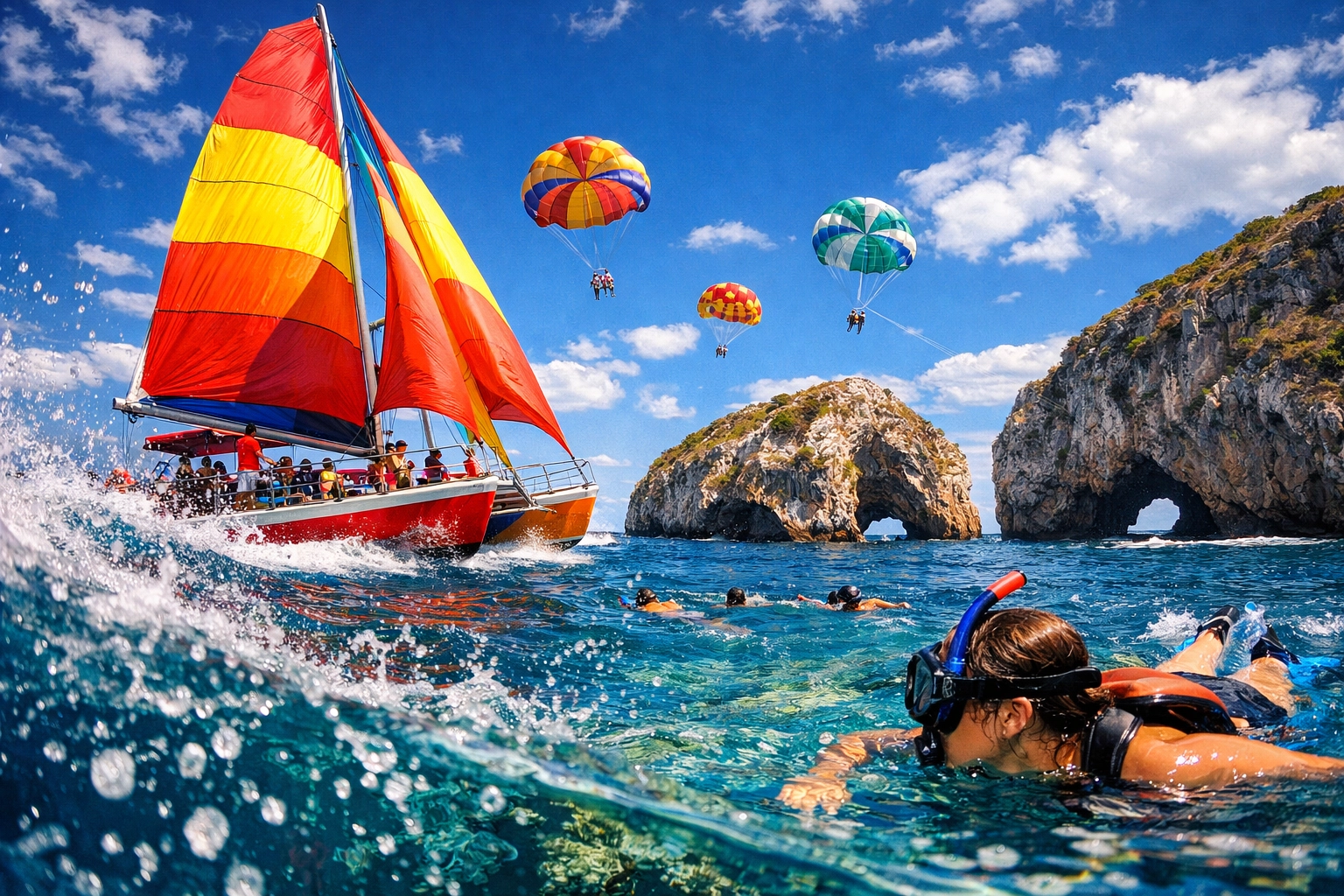 Sailing catamaran near Los Arcos rock formations Puerto Vallarta with water activities