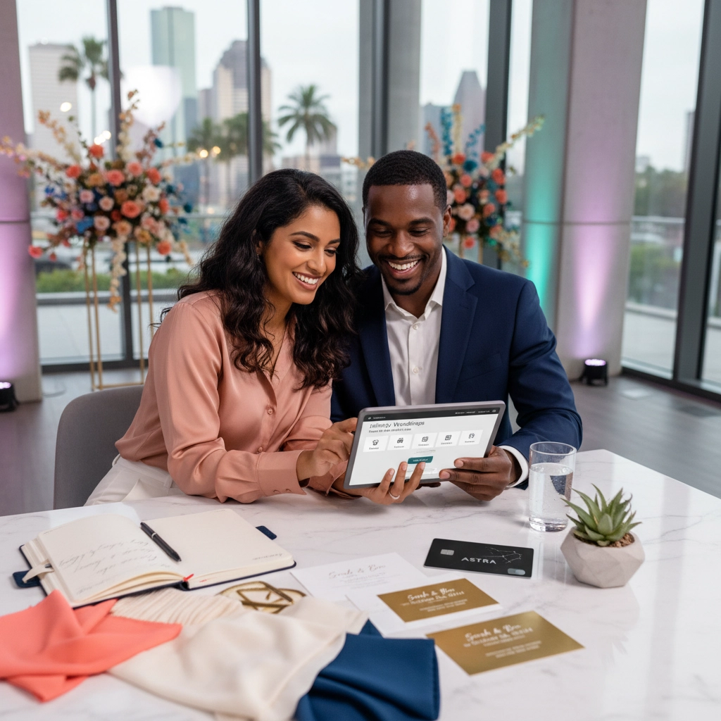 Smiling couple looking at a tablet in a modern room with floral decor, papers, and a plant on the table; city skyline visible outside.