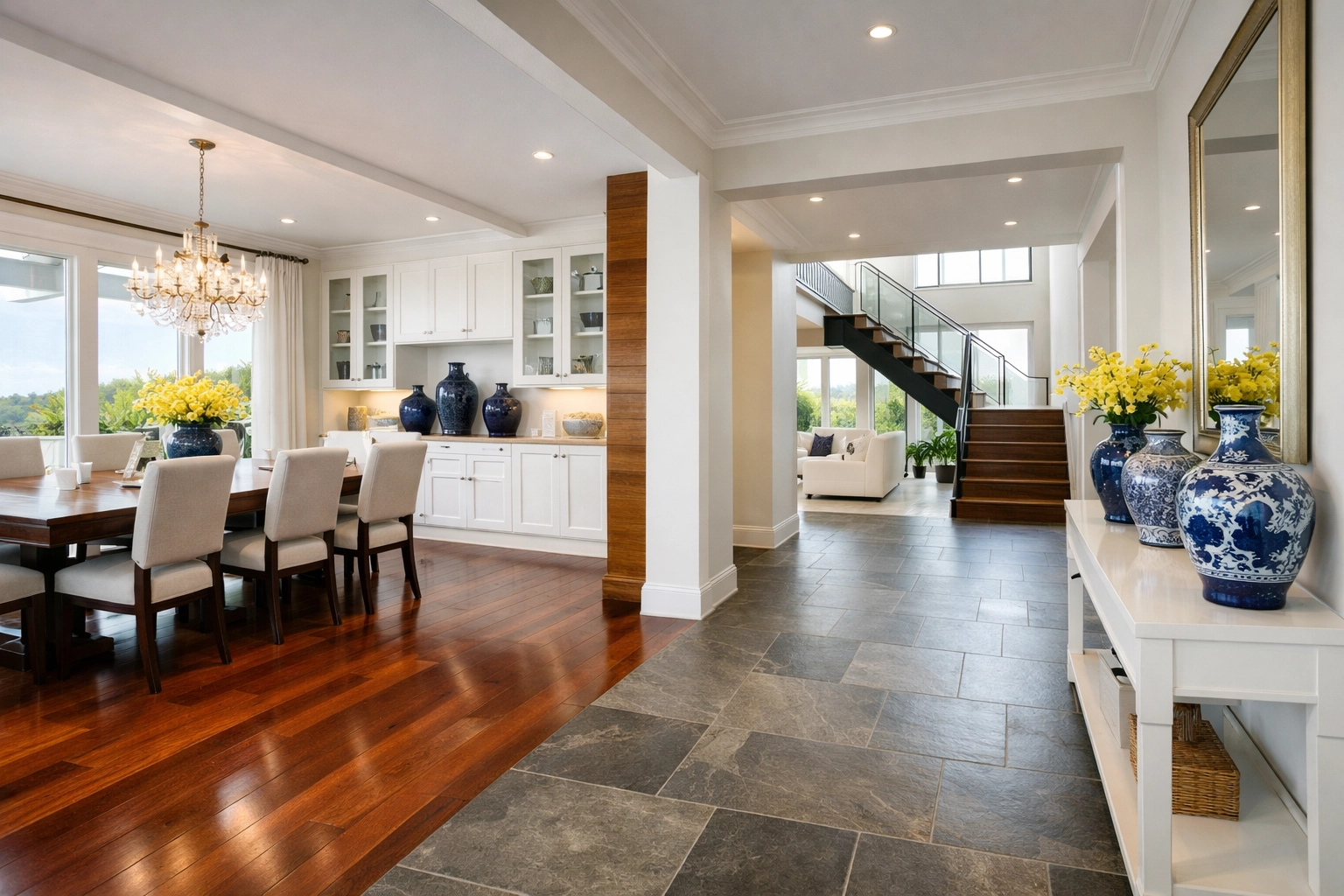 Sunlit Lunenburg living space featuring professionally maintained mahogany wood and tile floors.