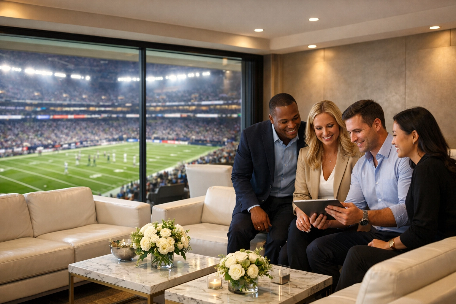 Executives networking in a premium corporate hospitality suite overlooking a football field.
