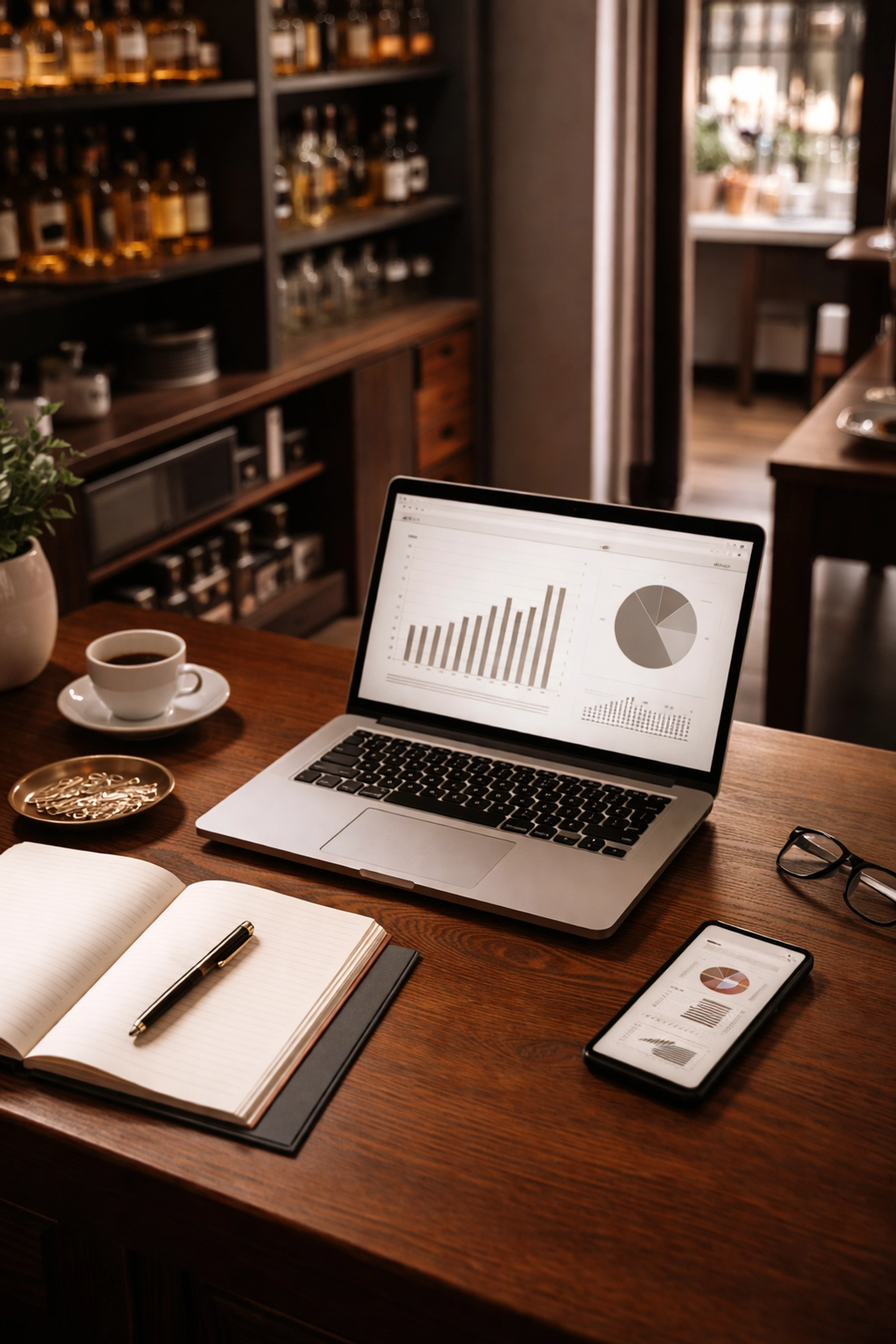Bar owner reviewing AI forecasting options during planning session at office desk