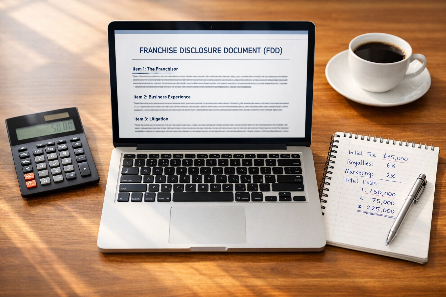 Franchise disclosure document review with calculator showing franchise fee analysis and startup costs
