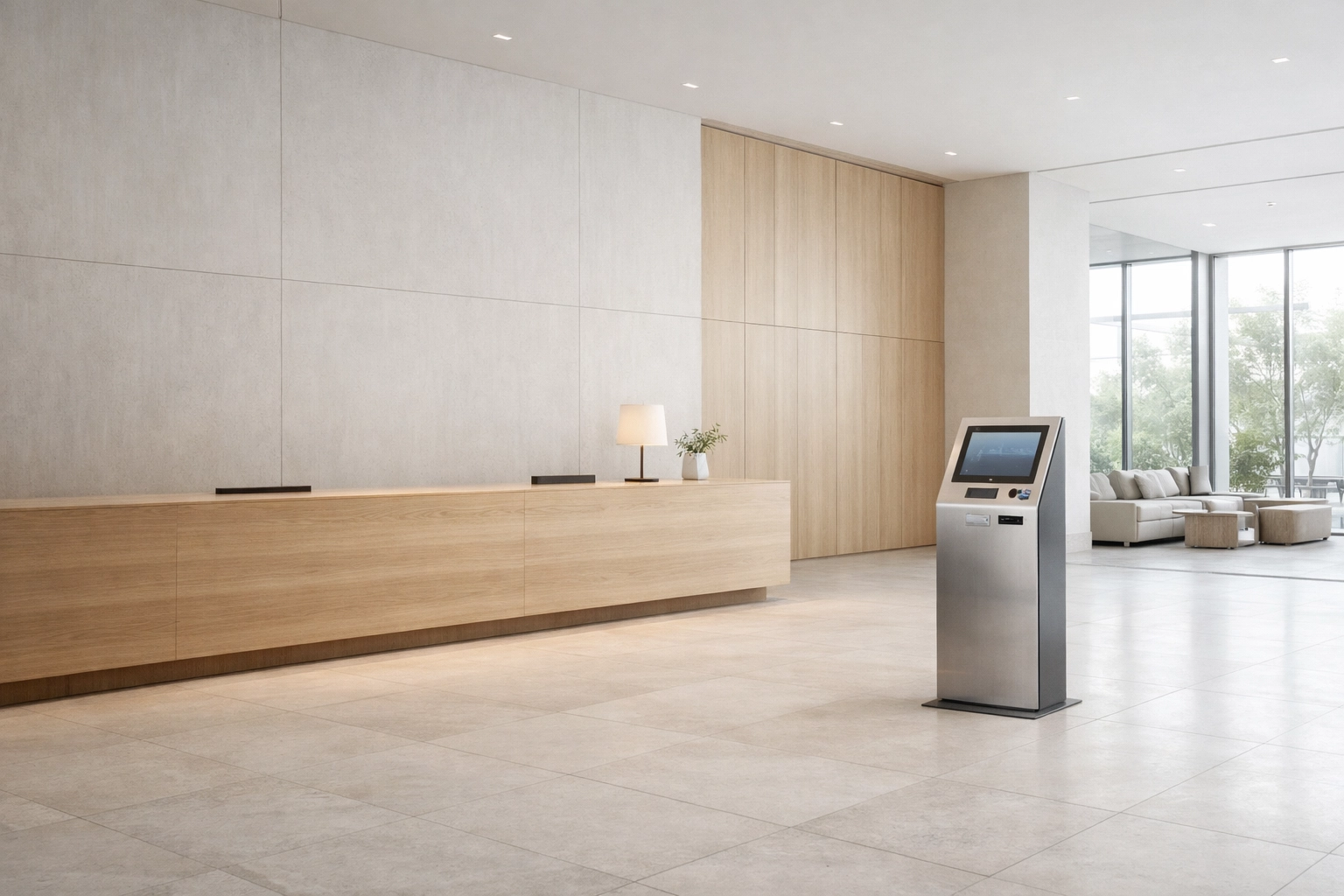 Minimalist self-check-in kiosk in a modern hotel lobby using cloud-native automation software.