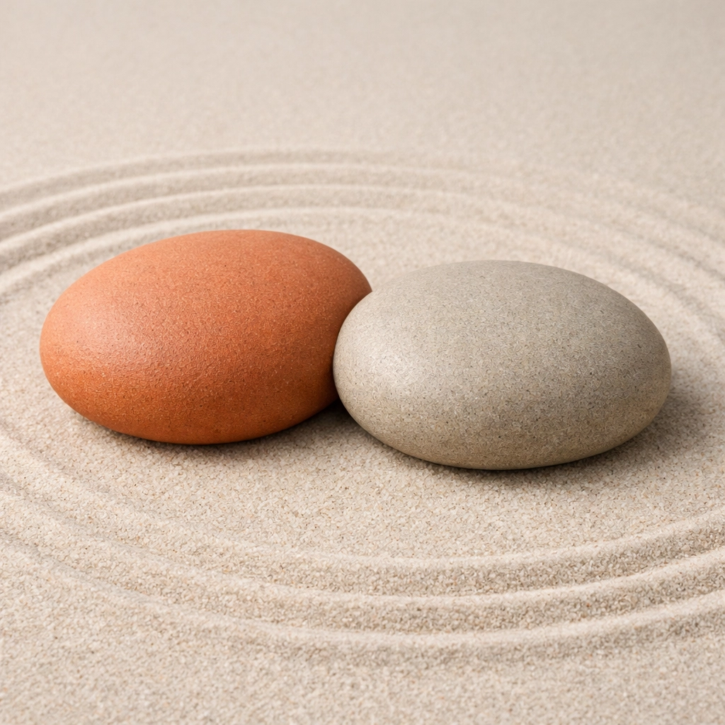 Two stones resting together in sand, representing attachment-based therapy and shared mental load in couples.