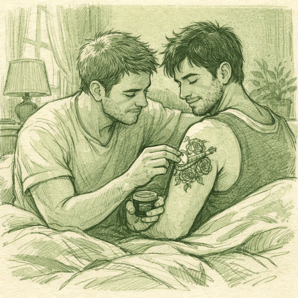 Gay partner applying healing ointment to fresh matching tattoo aftercare