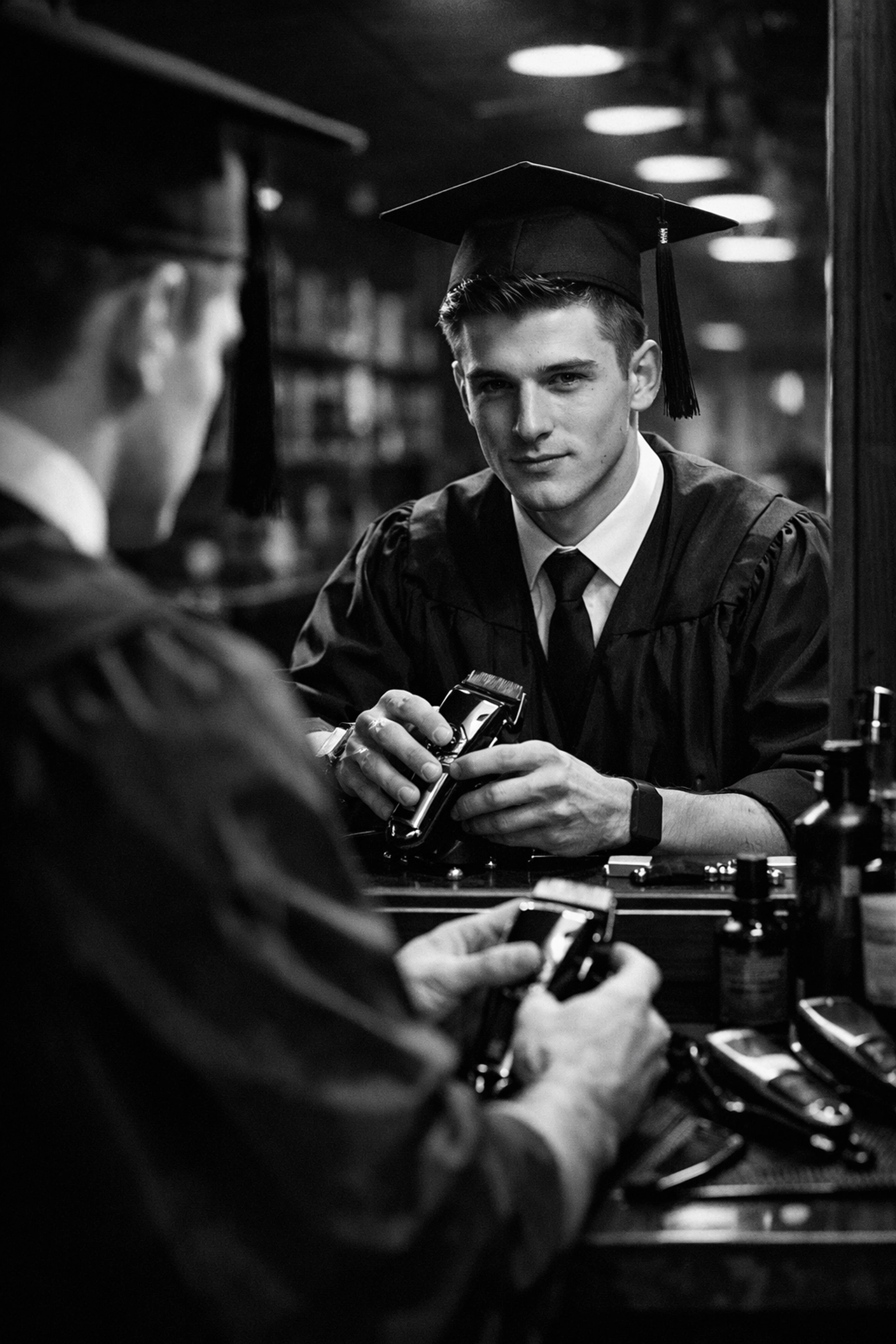 Licensed professional barber graduate at his station ready for a successful career in grooming.