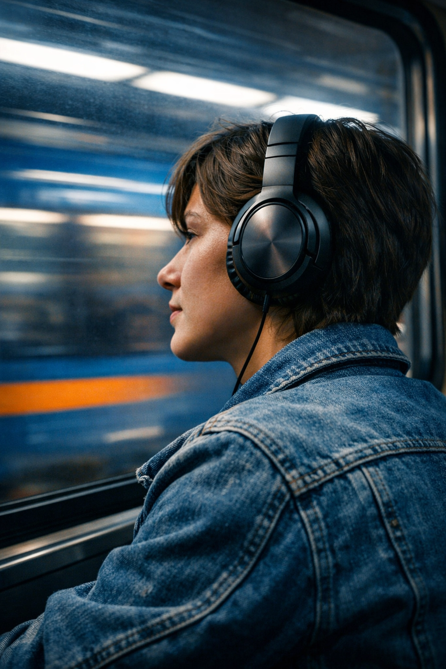 A Montrealer wearing headphones listens to a podcast while riding the STM metro during a daily commute.