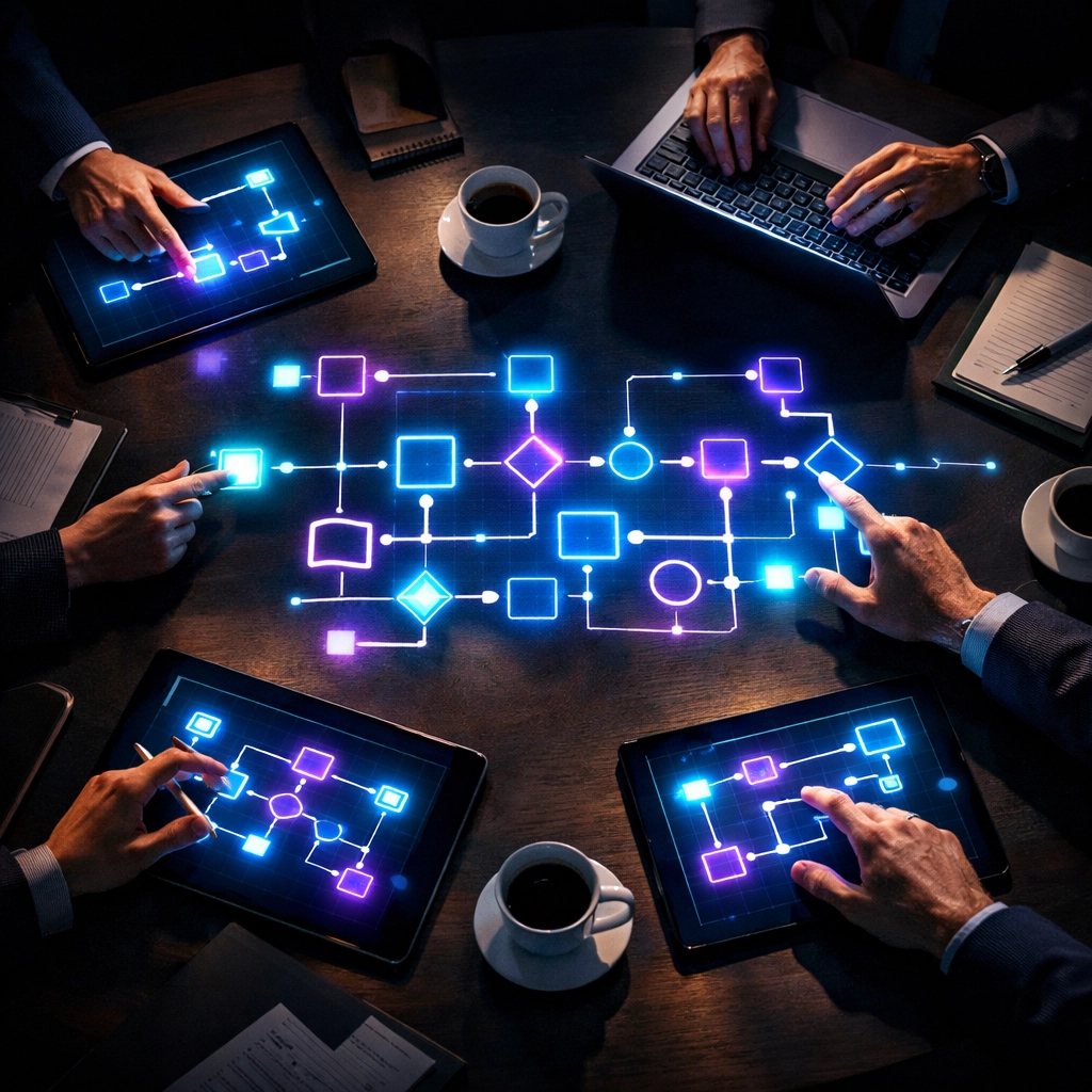 Business team collaborating on workflow automation planning with digital interface diagrams