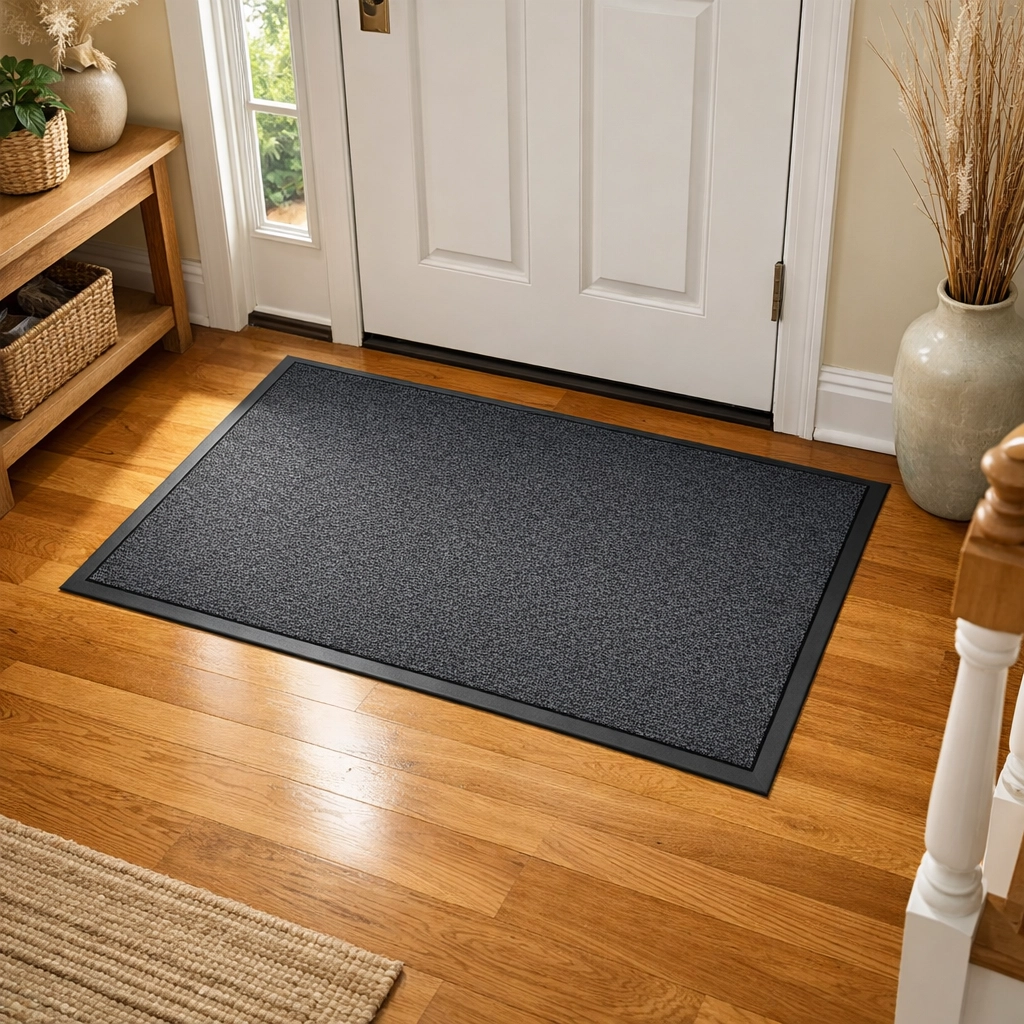 A clear, clutter-free entryway with a non-slip mat on a wooden floor to prevent trips and falls.