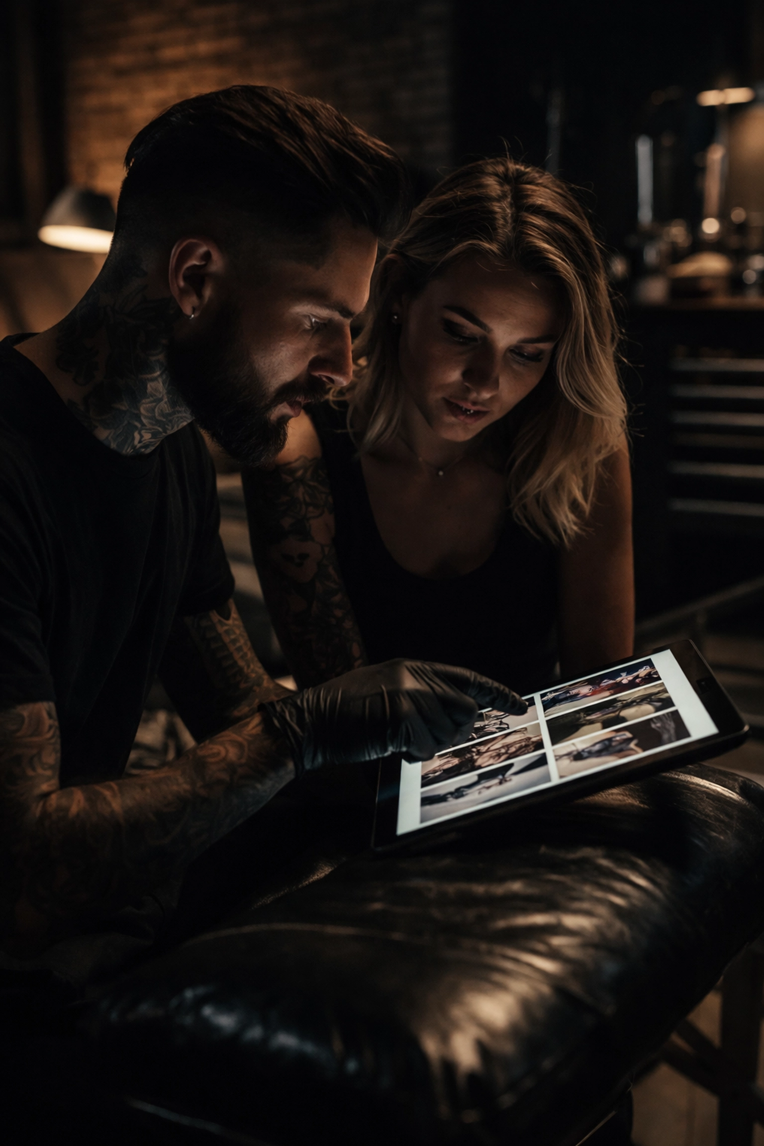 Tattoo artist consulting with a client in a modern Woolwich studio, reviewing references for a realistic design
