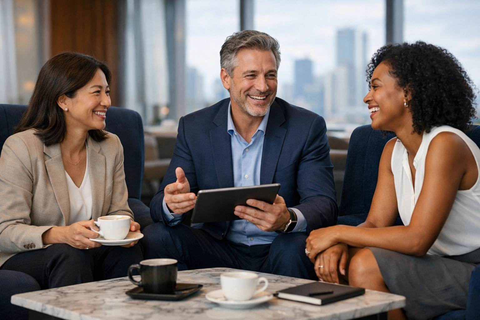 Diverse business leaders discussing strategic ServiceNow implementation goals in a modern office lounge.