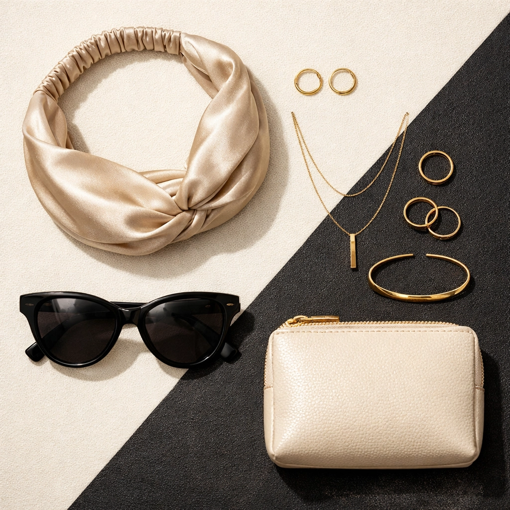 A curated flat lay of luxury fashion accessories from a Black-owned marketplace.