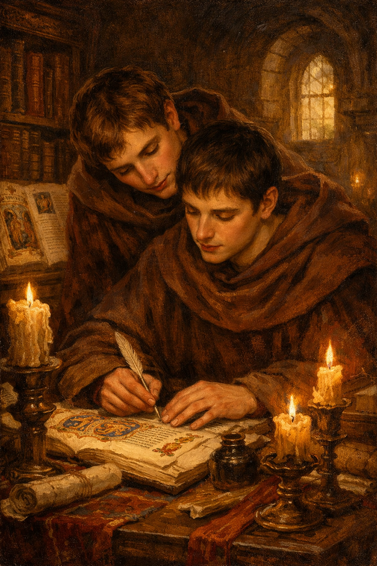 Medieval monks working closely together on illuminated manuscripts in scriptorium