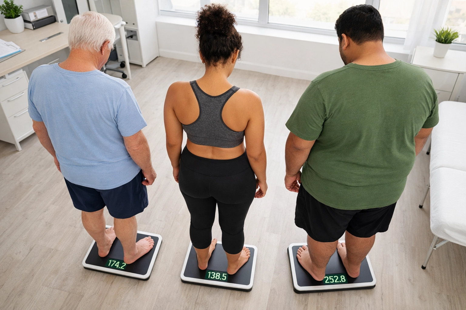 Diverse patients on scales showing individual weight loss results vary by person