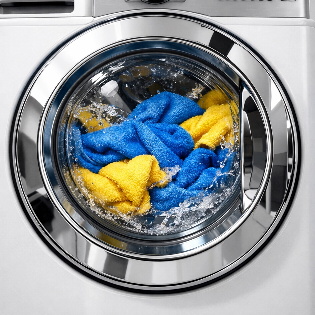 Close-up of reusable microfiber cloths being washed in a high-efficiency washing machine.