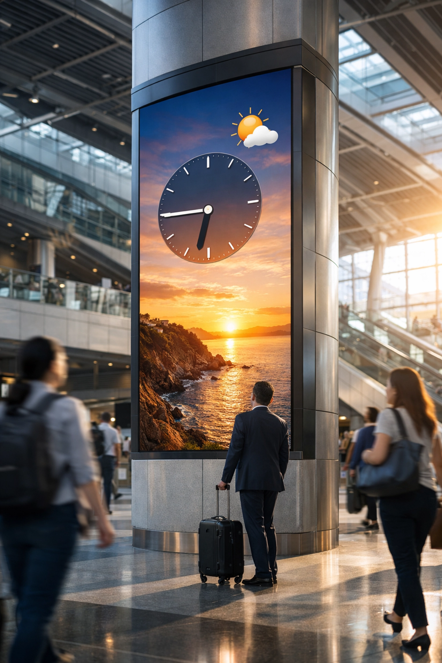 Digital signage marketing display in a busy transportation hub with passengers and travel imagery.