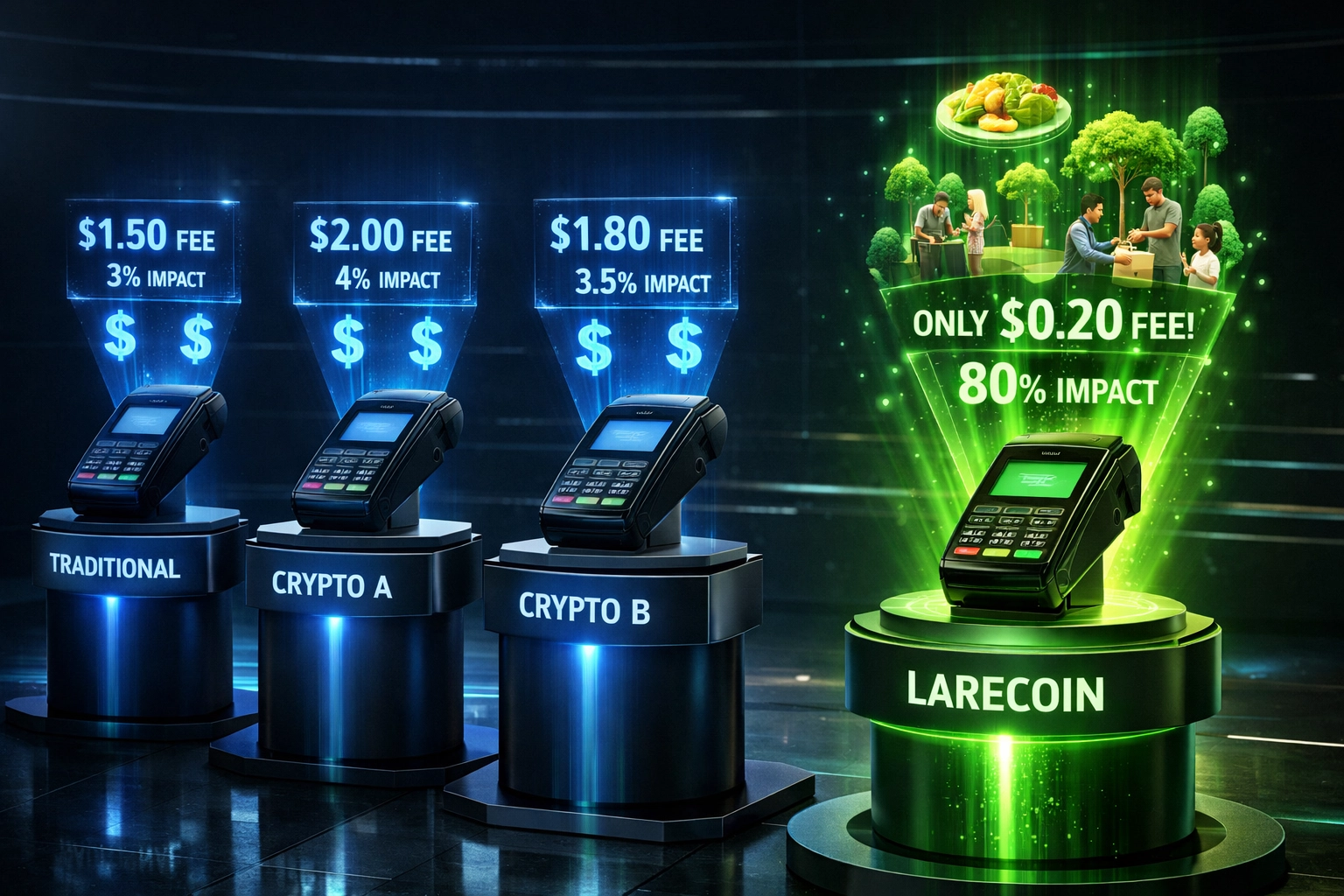 Payment processor comparison showing Larecoin social impact vs traditional crypto fees