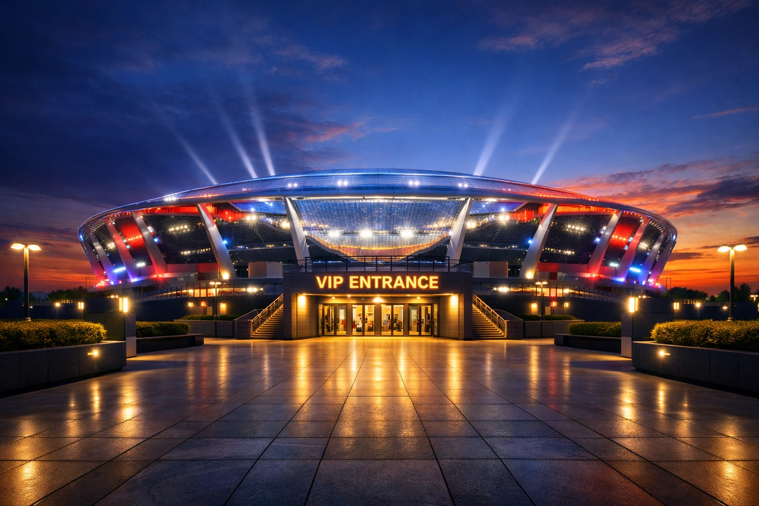 Modern sports stadium illuminated at twilight, representing high-stakes Super Bowl travel management success.