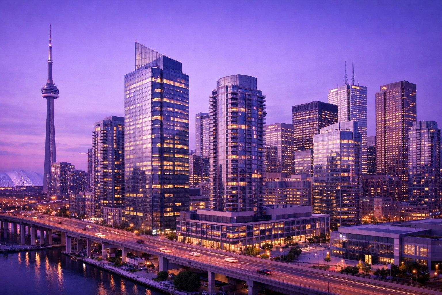 Modern Canadian city skyline at twilight representing nationwide bad credit loan services in Canada.