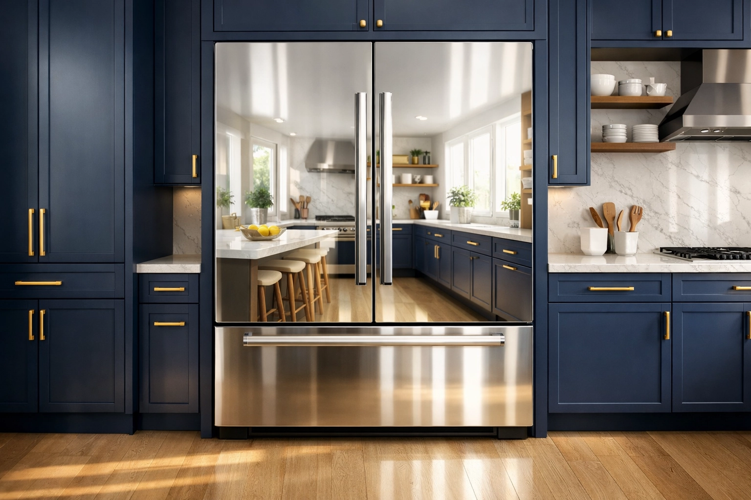 A polished stainless steel refrigerator in a clean, modern kitchen showing a professional shine.