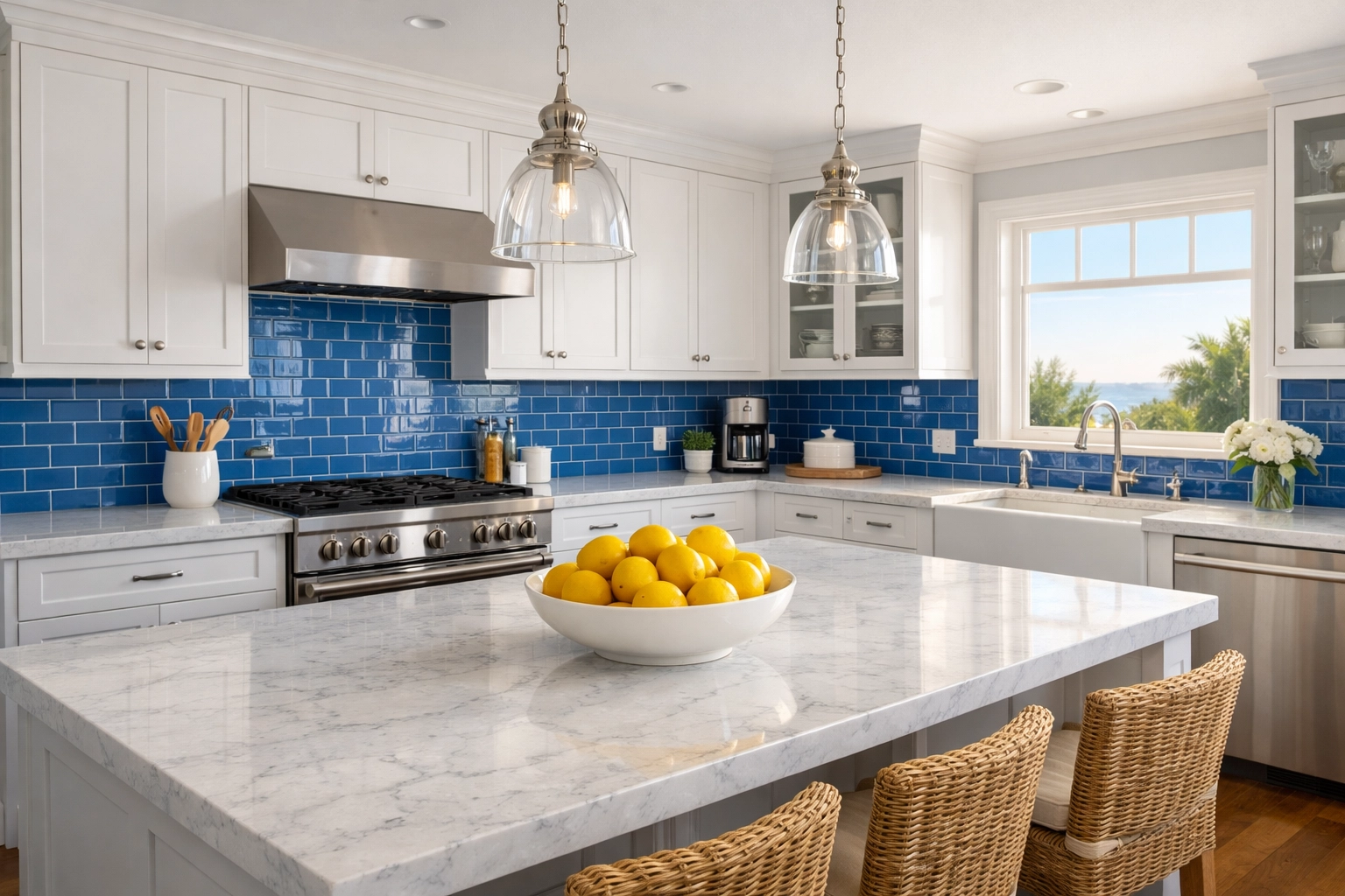 Immaculate white kitchen in Dennis Port, MA, showing the results of weekly house cleaning services.