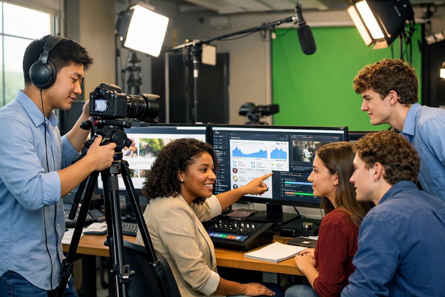 High school students producing professional media content in modern studio