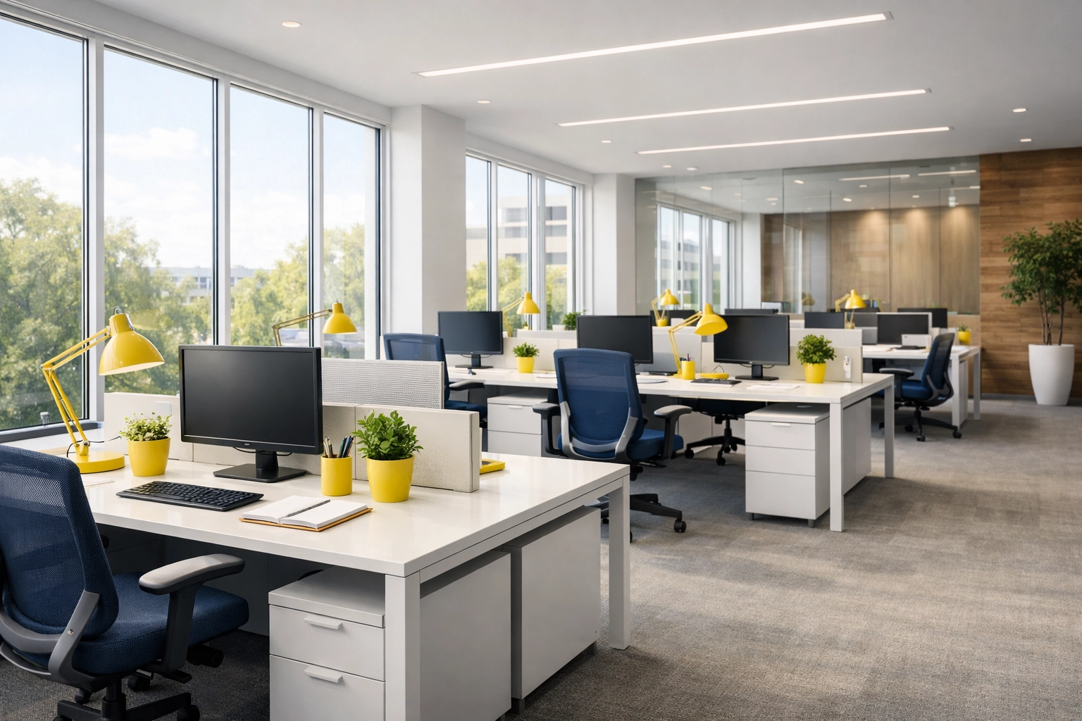 Clean and organized modern open-plan office in Natick featuring dust-free desks and a professional atmosphere.
