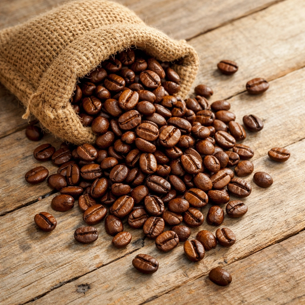 Freshly roasted specialty coffee beans spilling from a burlap sack onto a wooden tabletop.