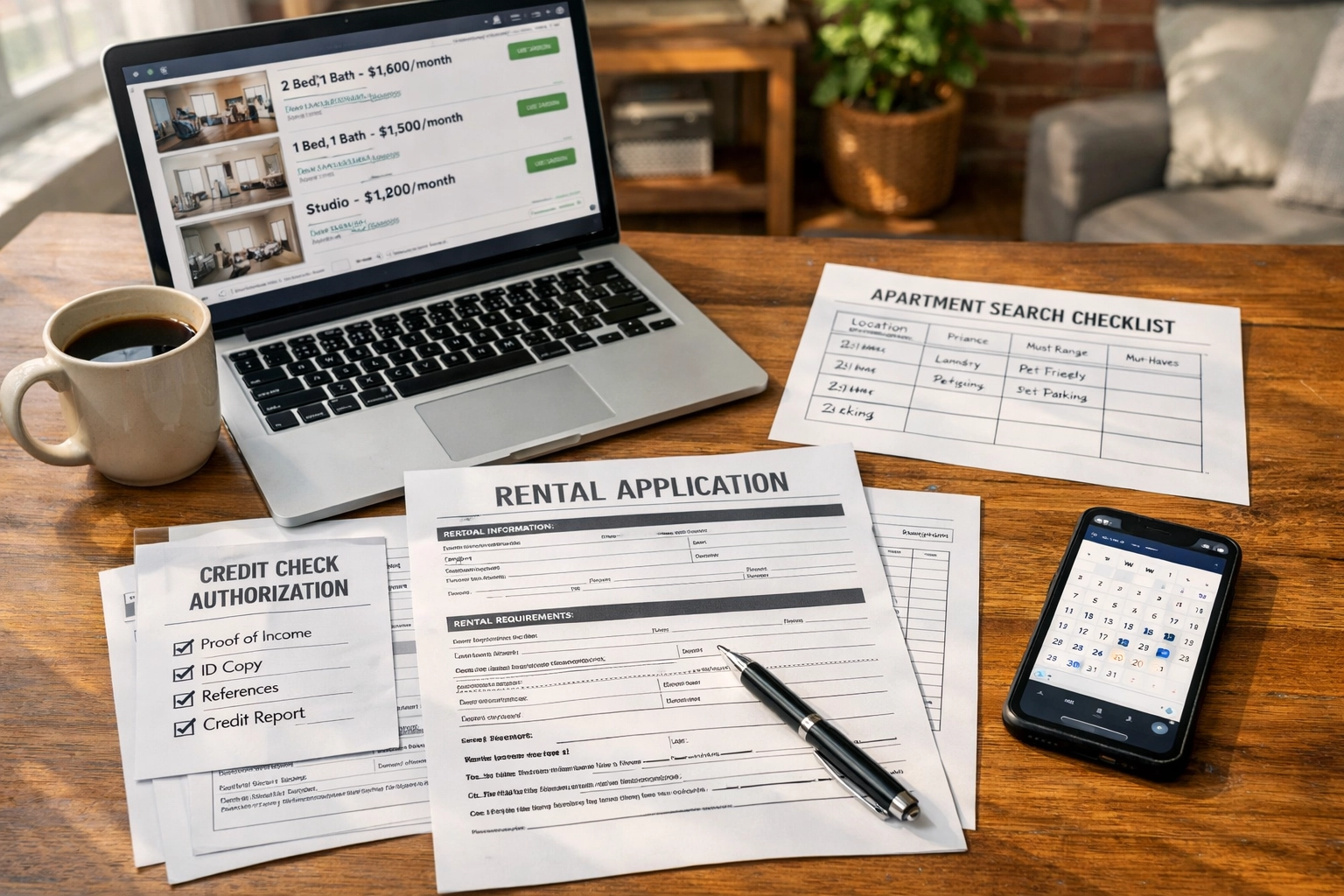 Organized housing application documents and laptop for Philadelphia apartment search