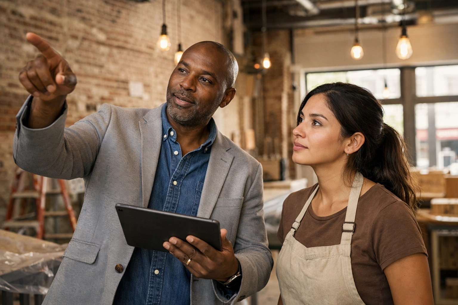 Feasibility study consultant and entrepreneur discussing restaurant feasibility and capital requirements.