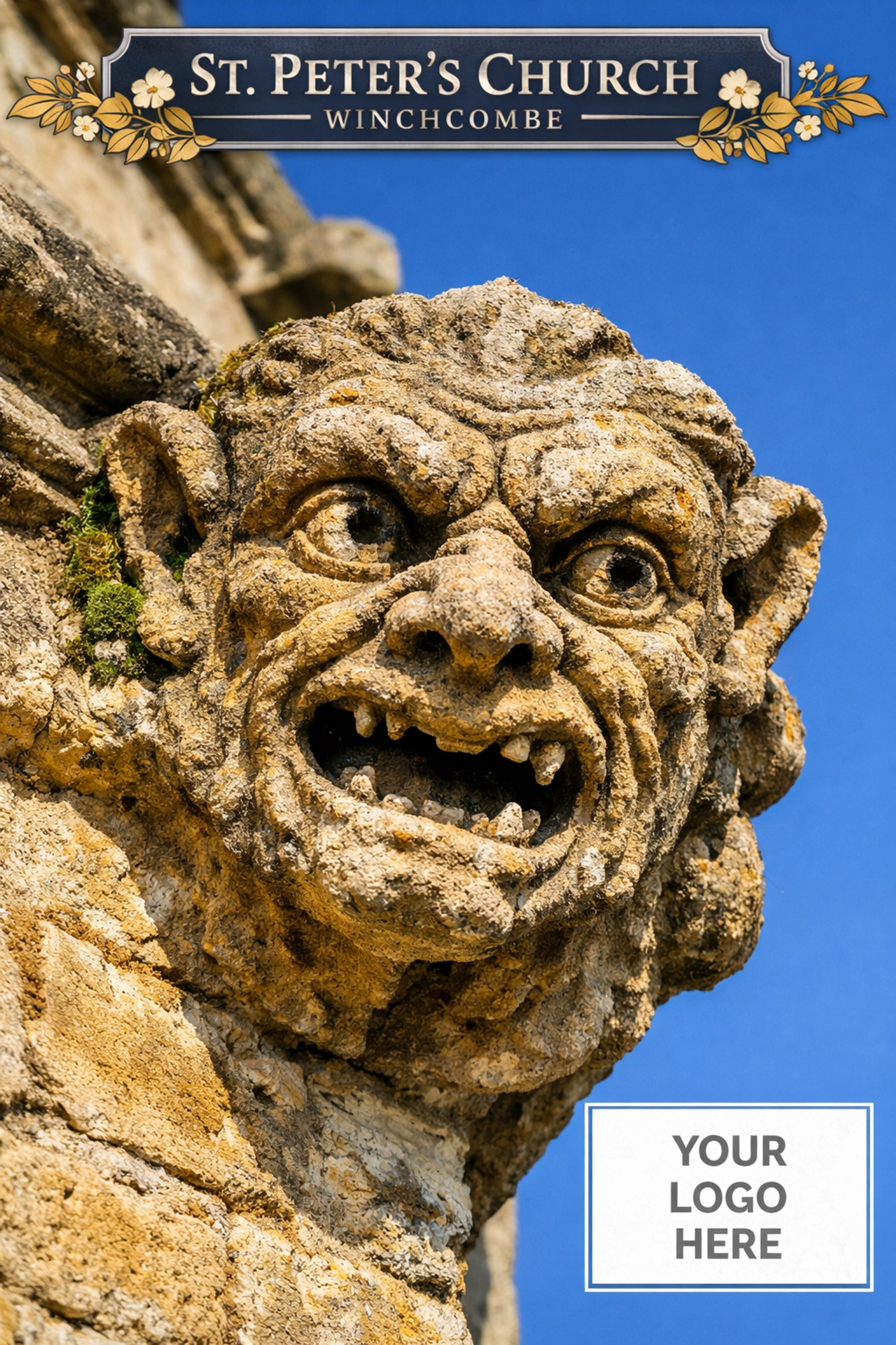 Historic stone grotesque on St Peter's Church roofline in Winchcombe, Cotswolds.