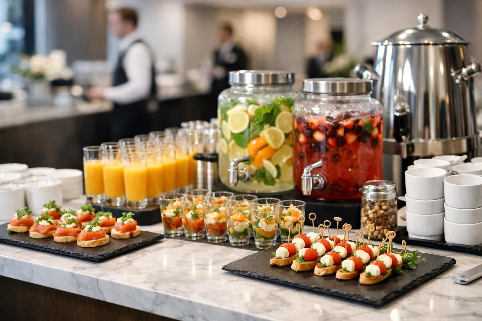 Premium corporate event catering station with gourmet refreshments showcasing organized hospitality and logistics.