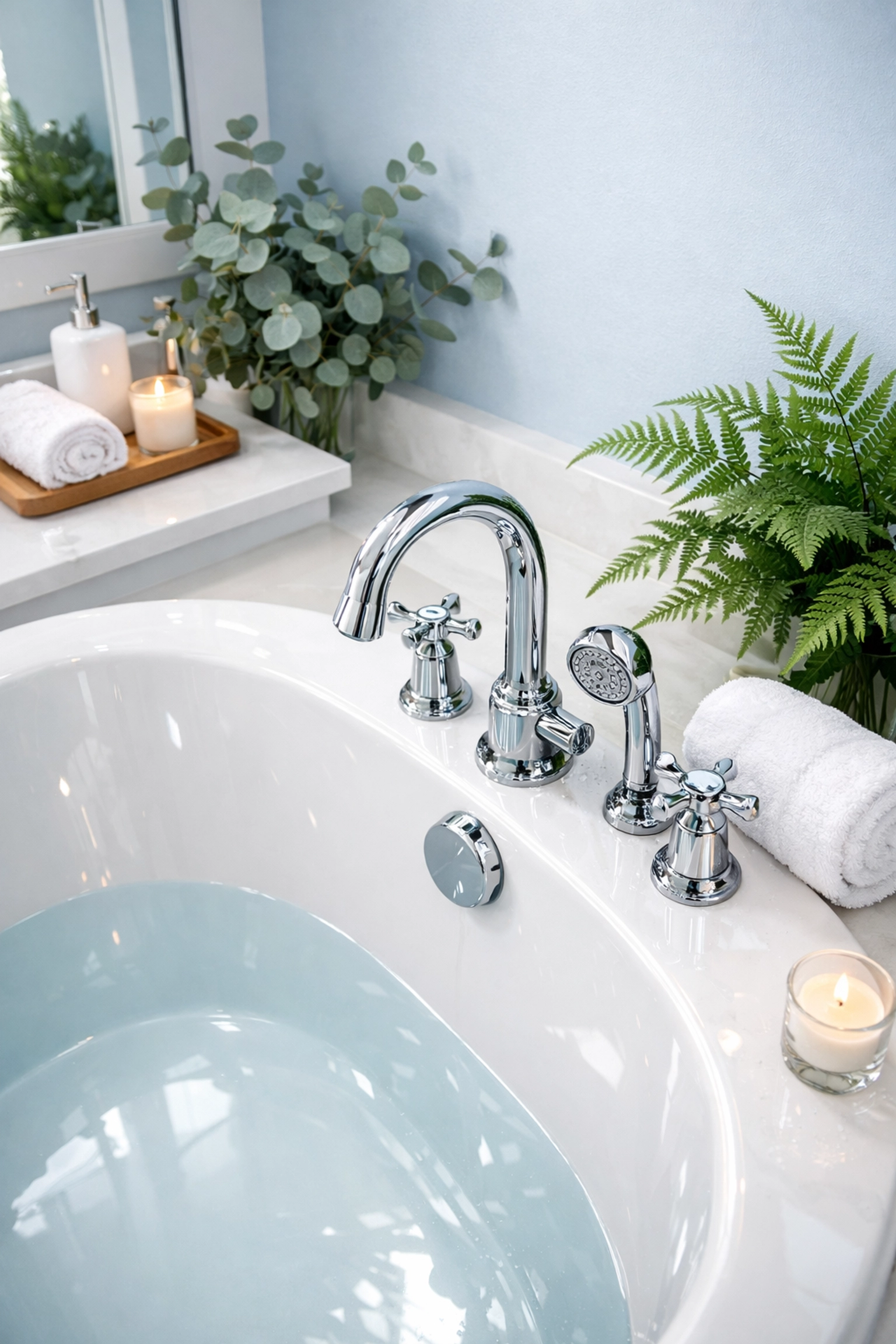 Pristine bathroom soaking tub and surfaces after a professional Worcester deep cleaning service.