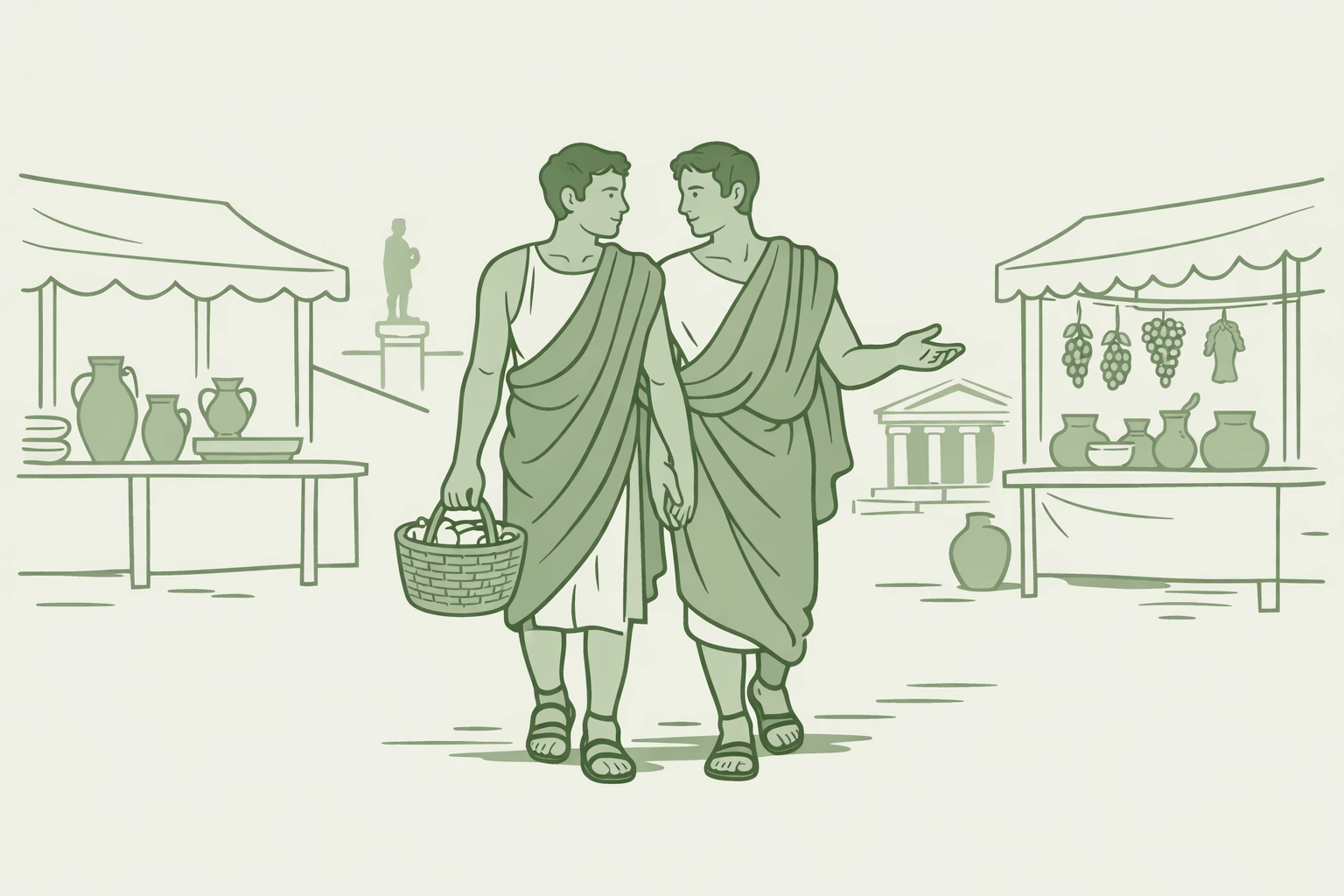 MM couple walking through Ancient Greek Agora marketplace - historical romance