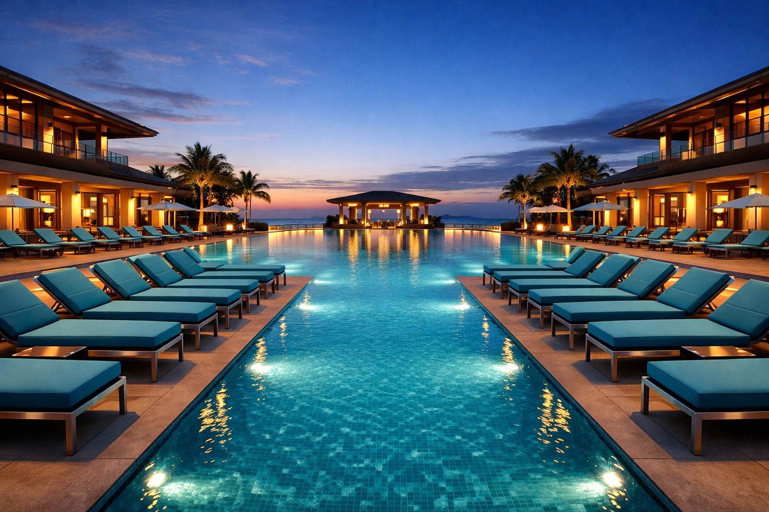 Teal custom-fitted cushions on aluminum chaise lounges at a luxury hotel resort infinity pool.