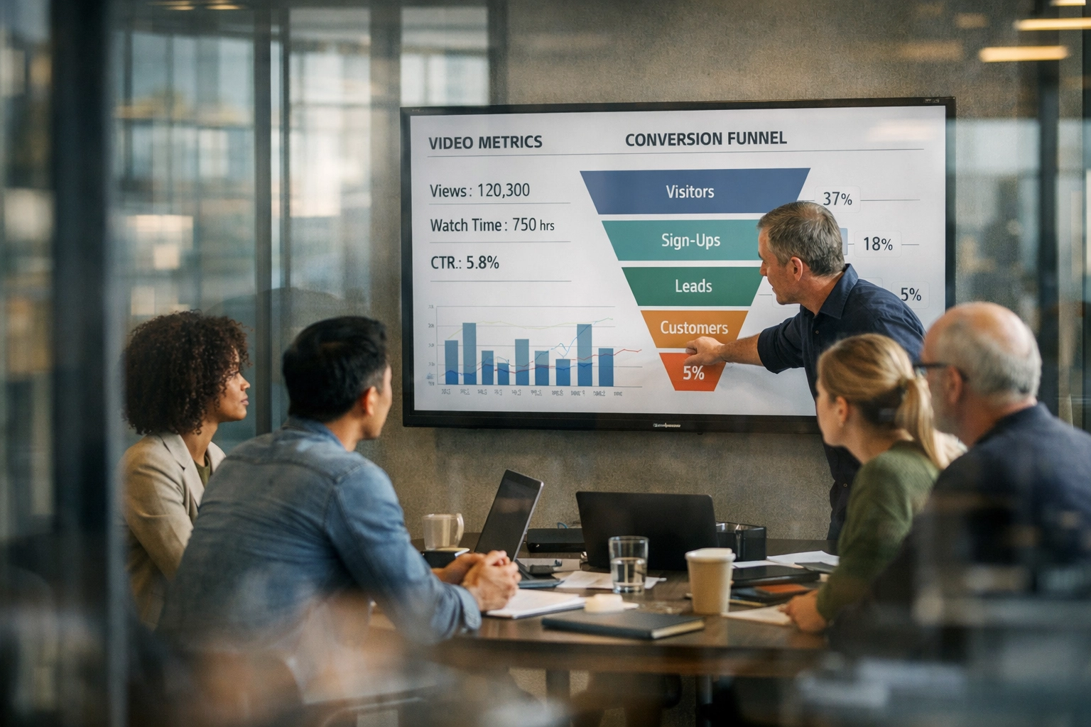 Marketing team analyzing video performance metrics and conversion data on monitor