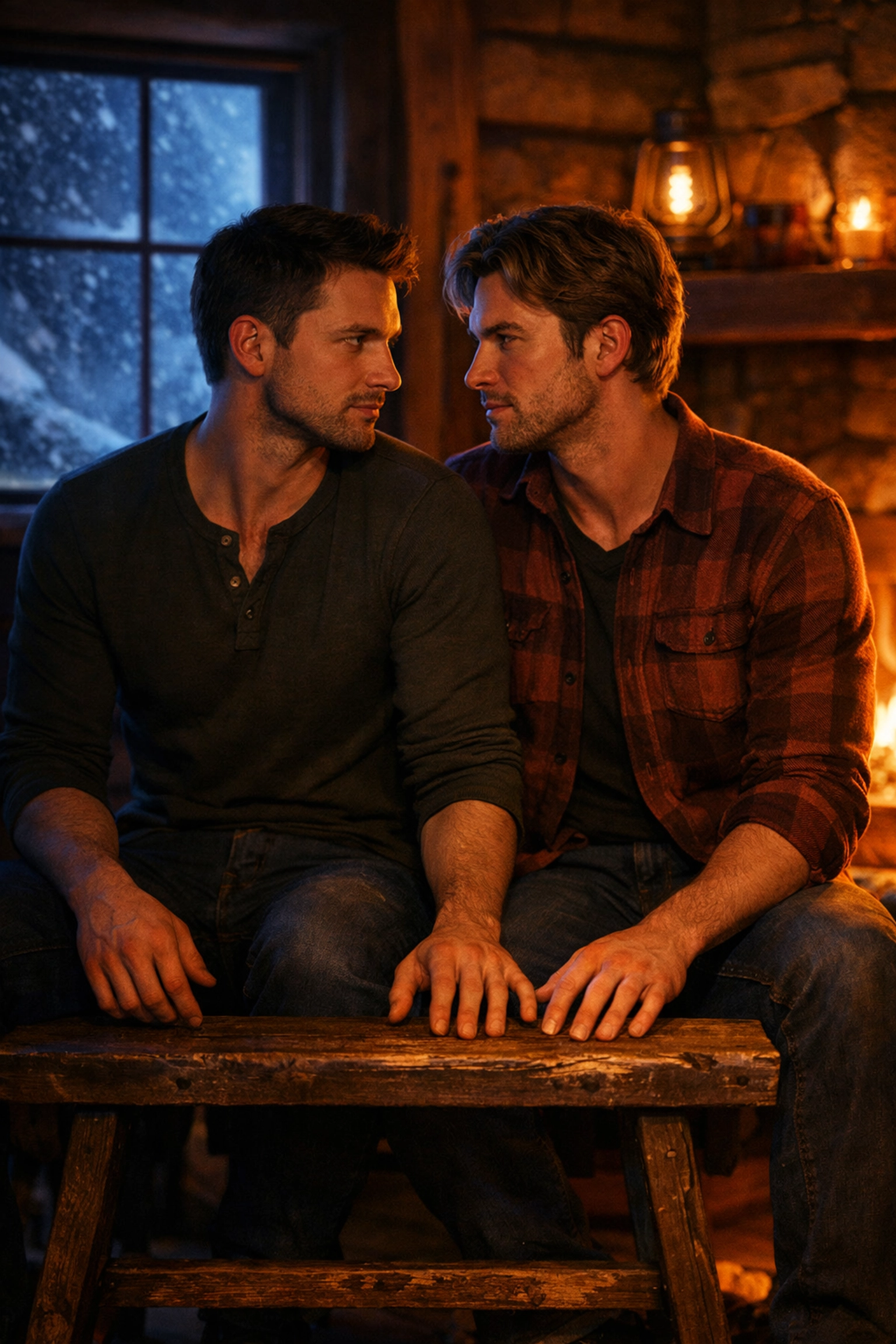 Two men sitting close in a winter cabin, illustrating the forced proximity trope in gay romance books.