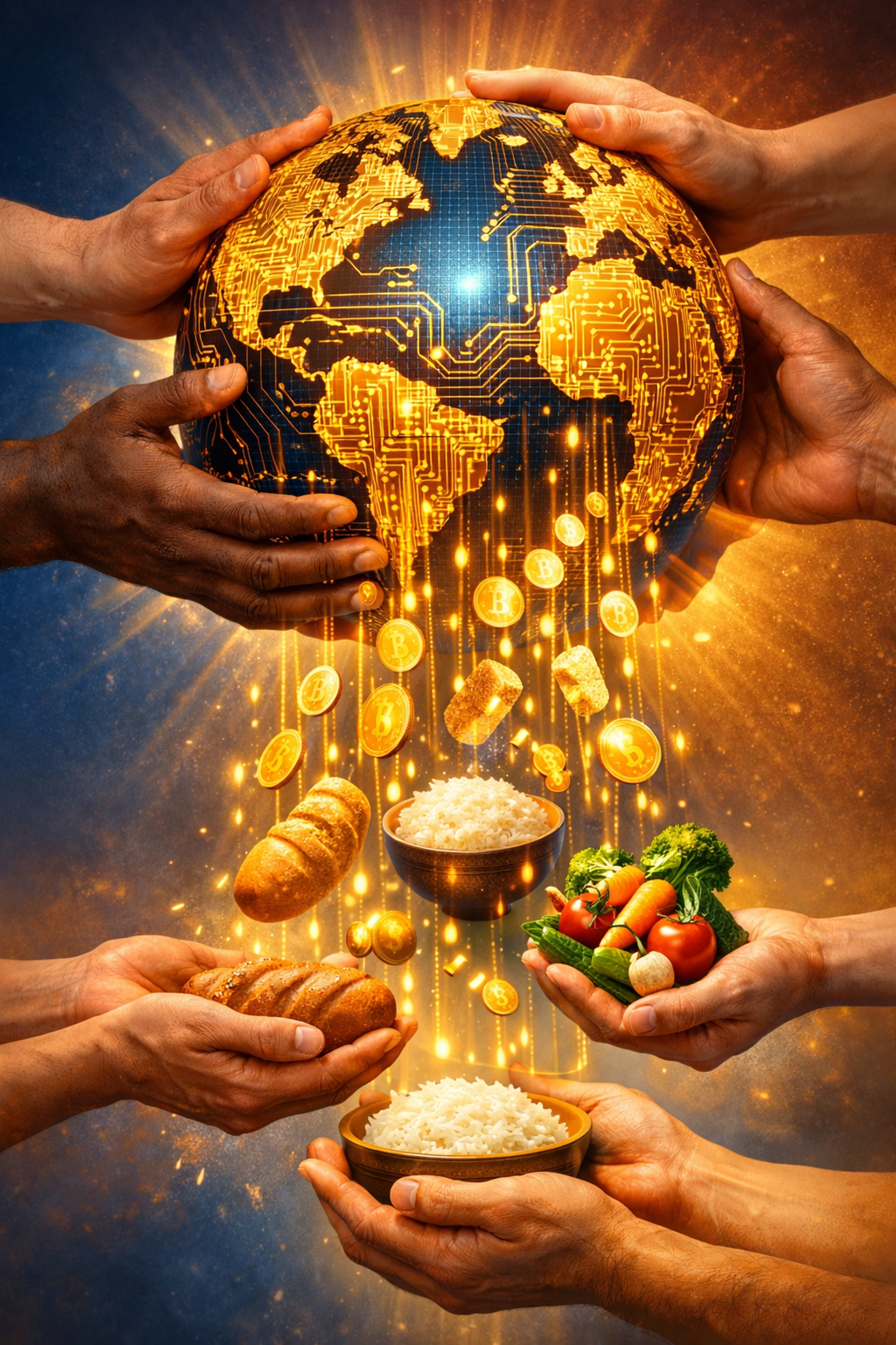 Blockchain social impact engine converting cryptocurrency into humanitarian aid for global hunger relief