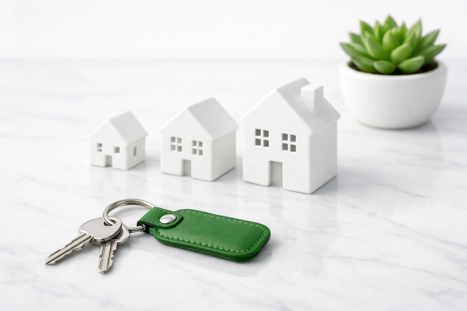 Small house models and keys on marble illustrating a growing real estate portfolio through Ohio DSCR loans.