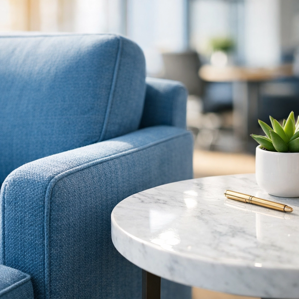 Sunlit office lounge with dust-free seating, demonstrating deep office cleaning Leominster for a healthy environment.