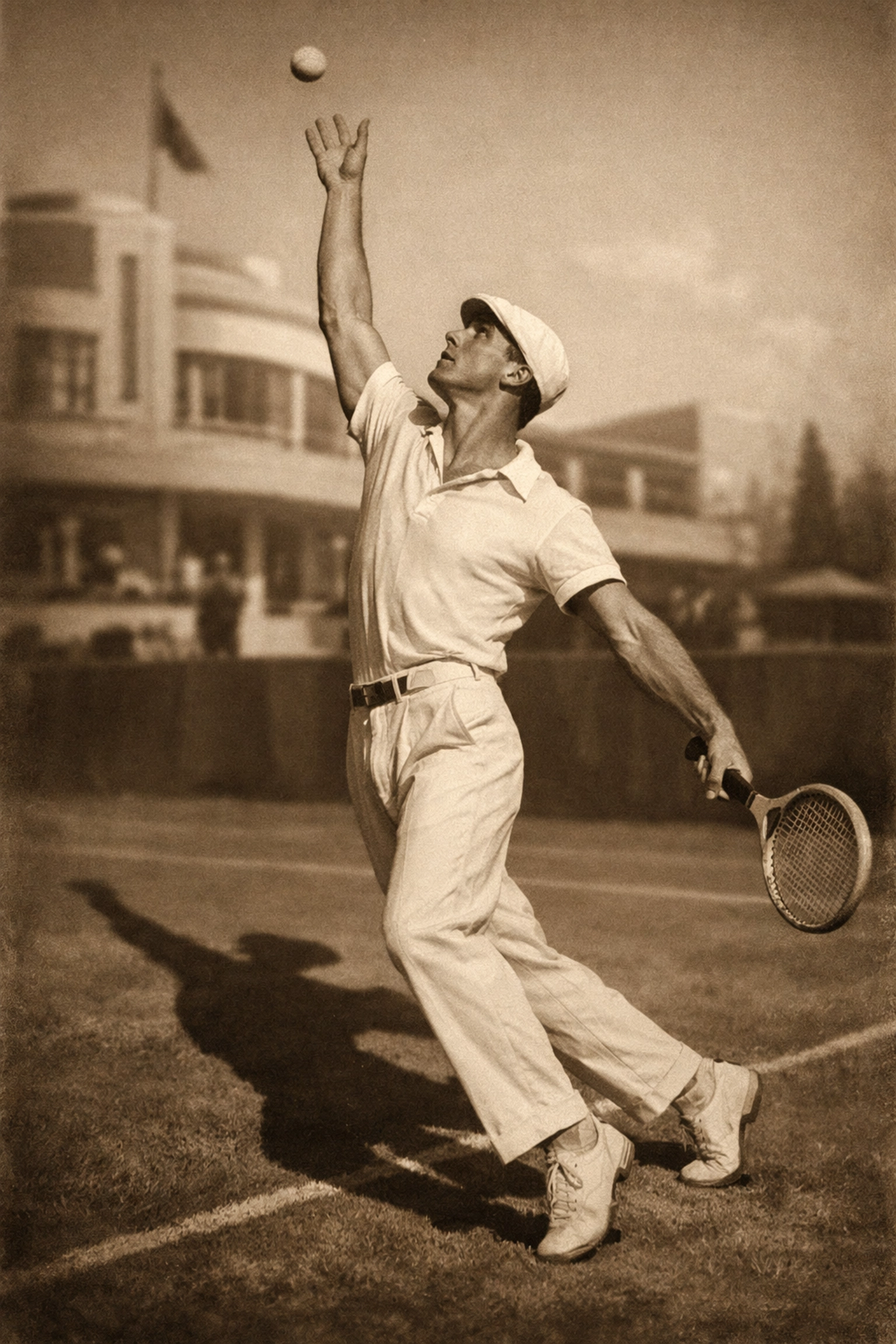 1920s gay tennis pioneer Bill Tilden serving on grass court in vintage white tennis attire