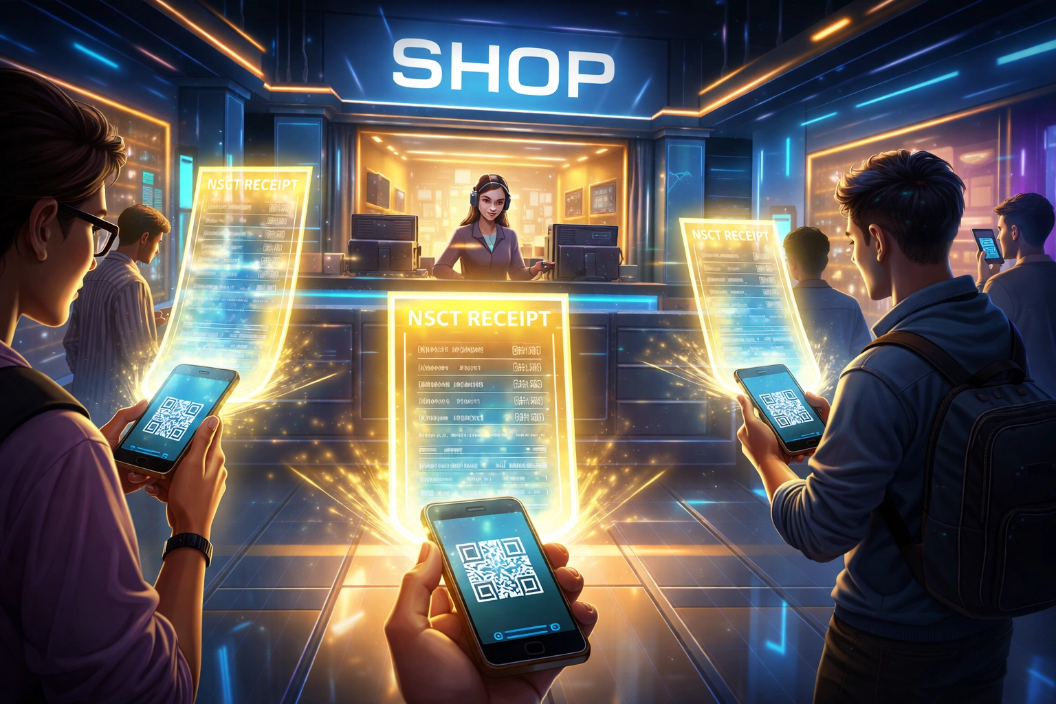 Futuristic crypto storefront with NFT receipts floating above smartphones, highlighting secure Web3 merchant payments.