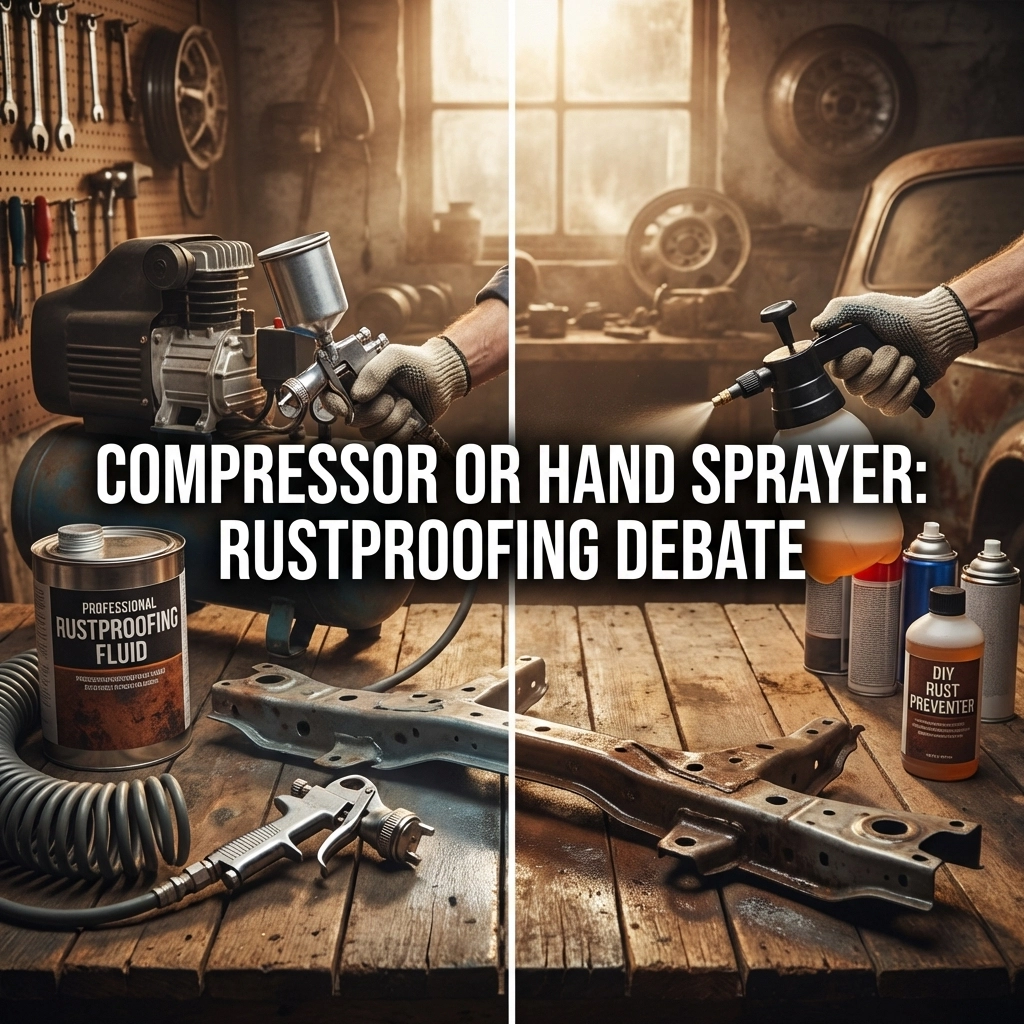 Should I use a compressor or hand sprayer for rustproofing?