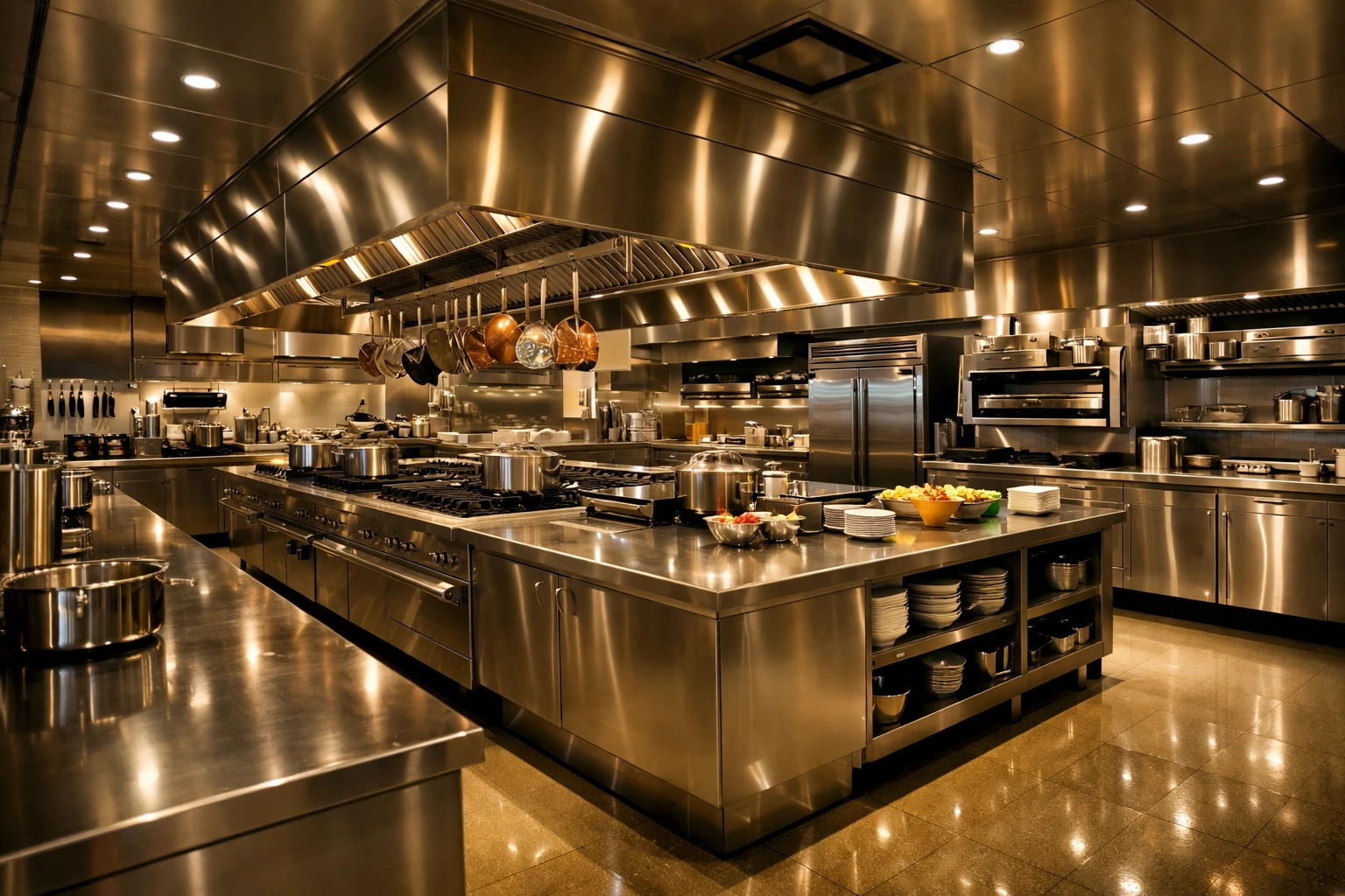 Pristine Westchester restaurant kitchen with stainless steel surfaces representing high commercial sanitation standards.
