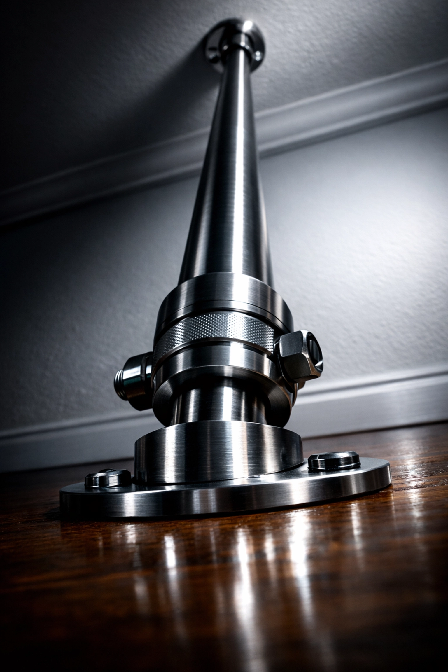 Industrial steel floor to ceiling gym rail providing a stable pull up bar alternative for home workouts.