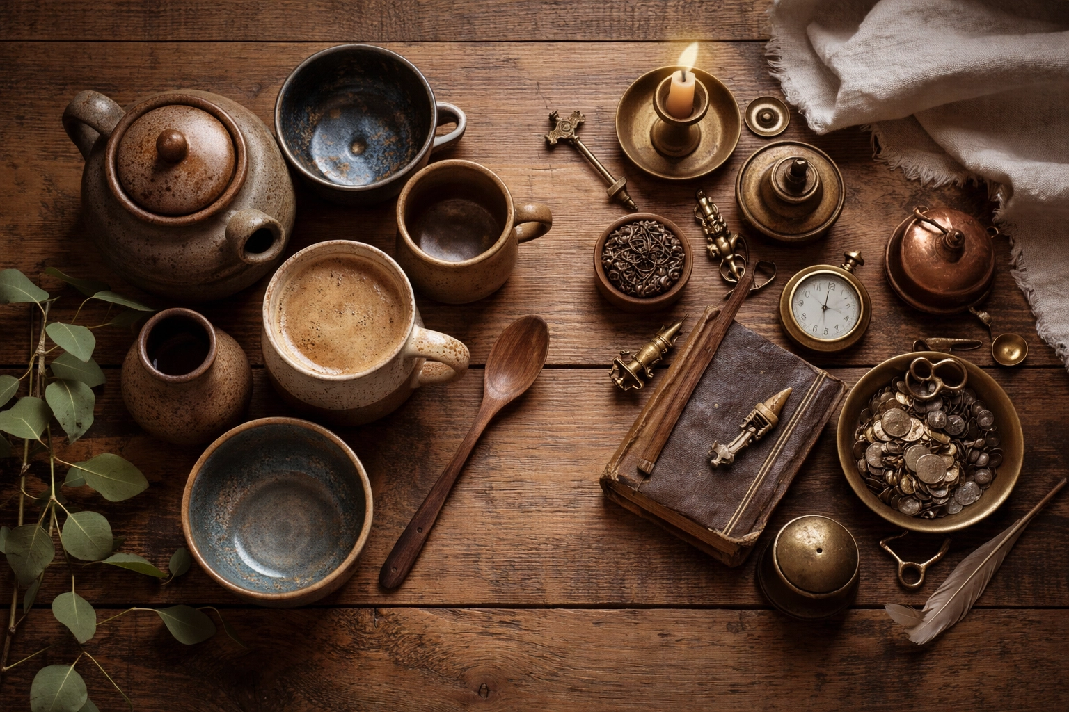 Overhead view of a rustic table with grouped artisan pottery and brass decor, illustrating themed organization for collectors