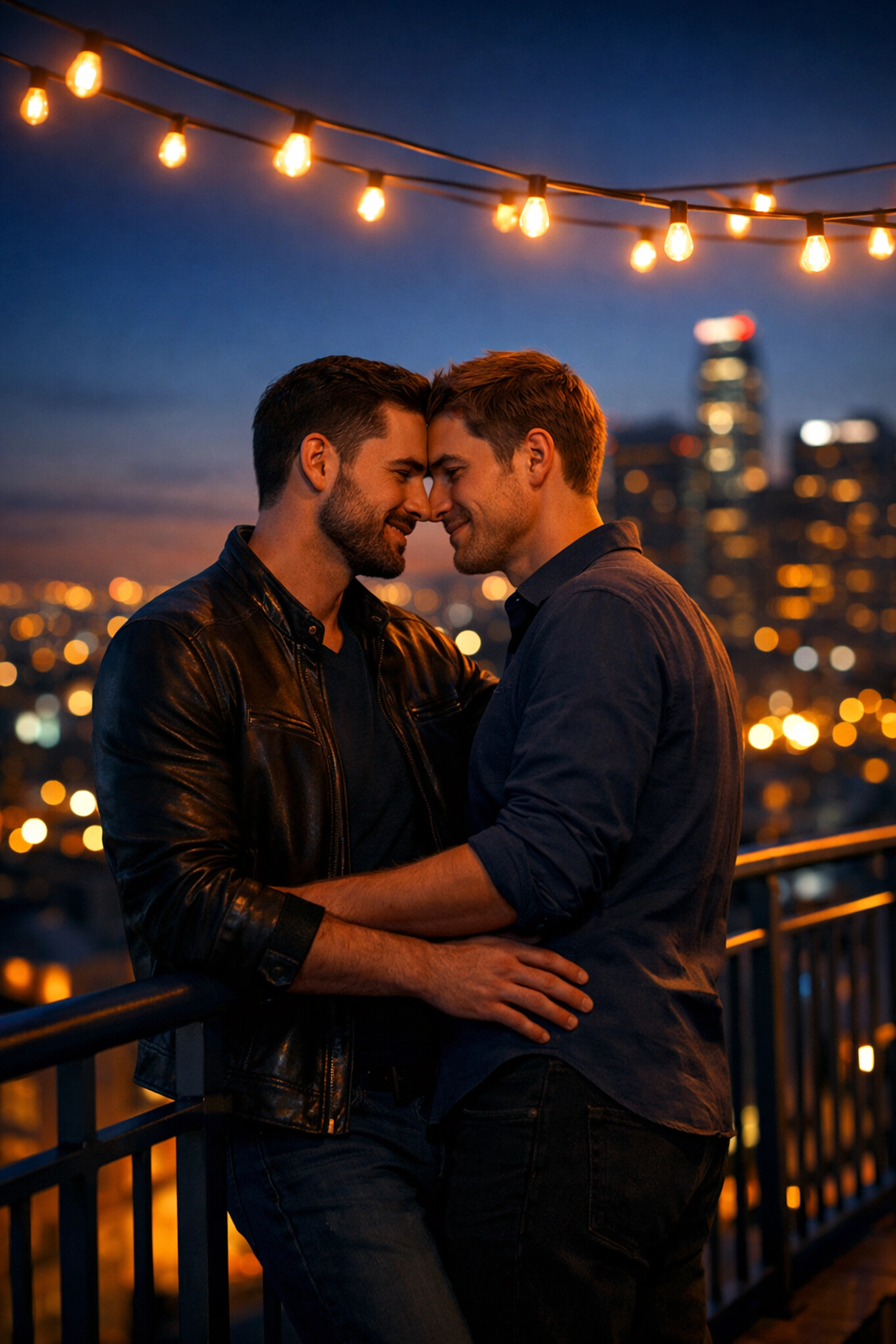Two men on a romantic rooftop date under fairy lights, fostering long-term intimacy.