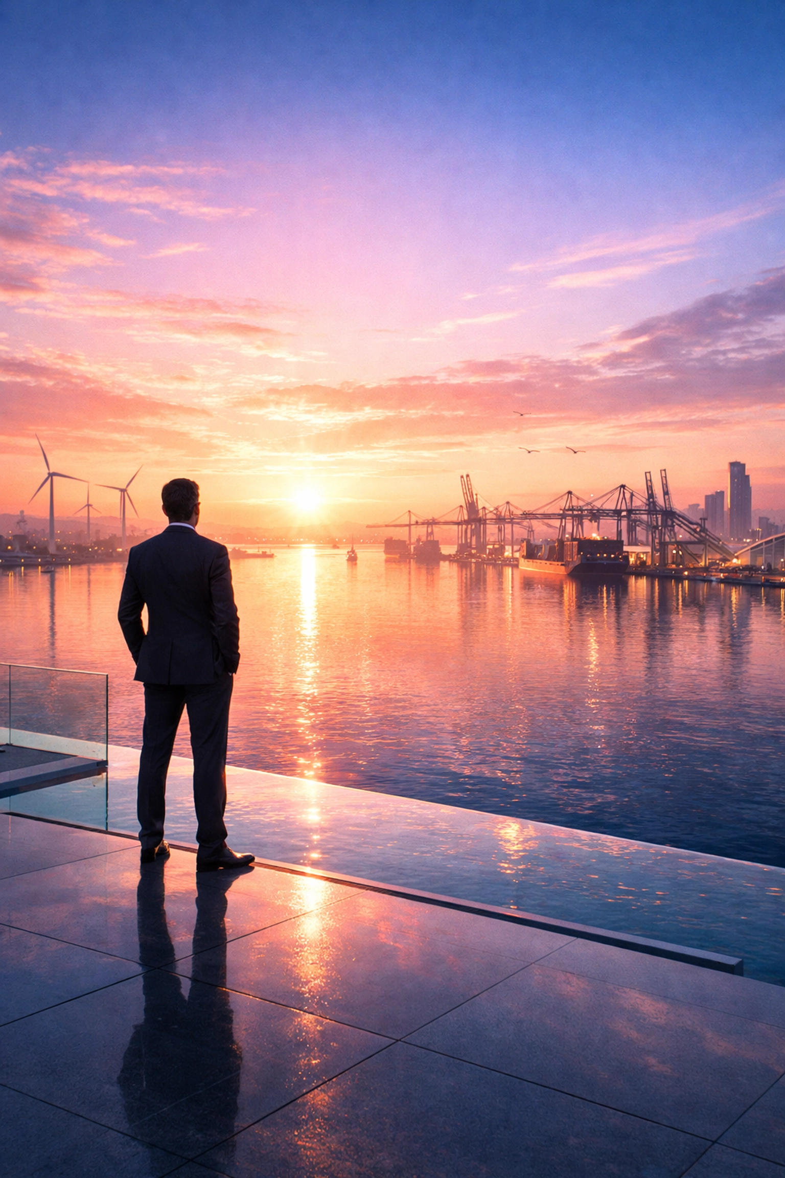 A business owner overlooking a coastal horizon at dawn, representing the bright future of American entrepreneurship.
