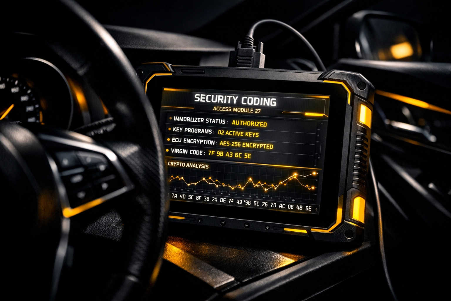 Professional diagnostic tablet programming a high-security Ford Transit transponder key in Indianapolis.